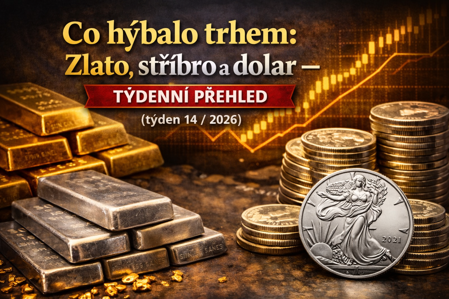 Zlato, stříbro a dolar: týdenní přehled trhu (týden 14 / 2026)