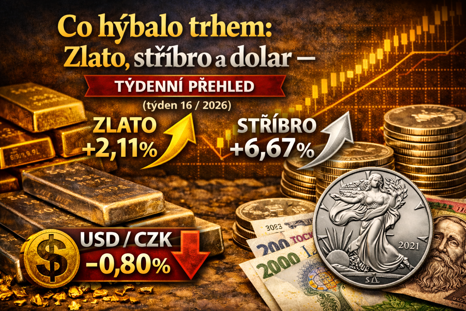 Zlato, stříbro a dolar: týdenní přehled trhu (týden 16 / 2026)