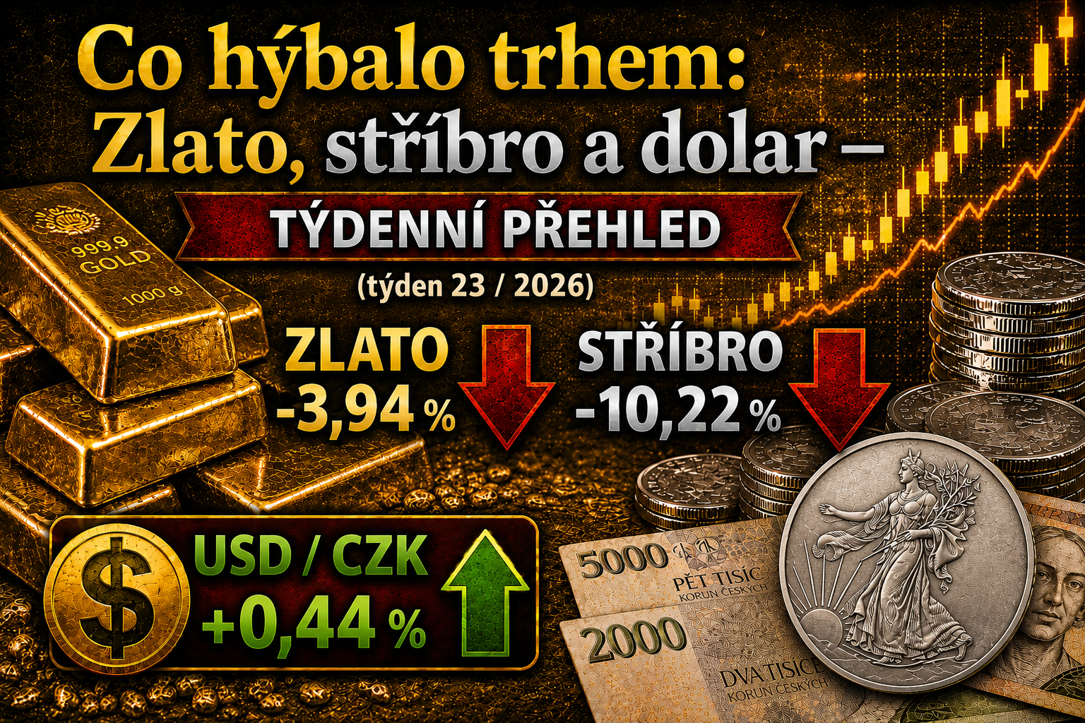 Zlato, stříbro a dolar: týdenní přehled trhu (týden 23 / 2026)